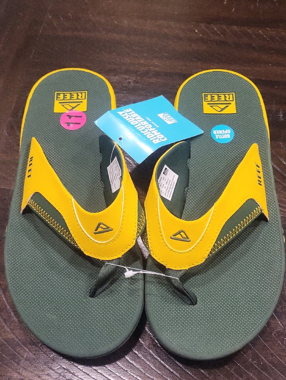 Reef Fanning Pregame Flip Flops Green/Yellow W/ BOTTLE OPENER